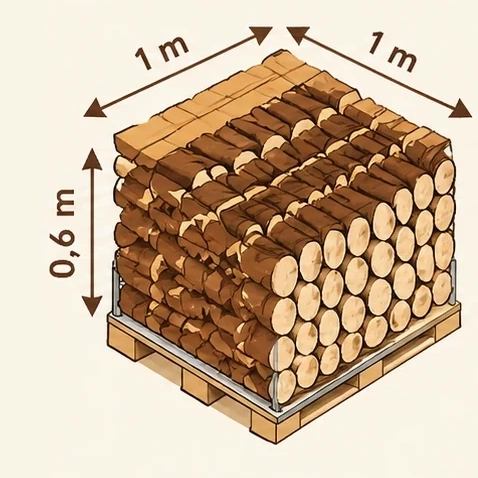 Stère de bûches de 25 cm empilées sur palette : 1 m × 1 m × 0,6 m, soit 0,6 m³