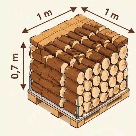 Stère de bûches de 33 cm empilées sur palette : 1 m × 1 m × 0,7 m, soit 0,7 m³