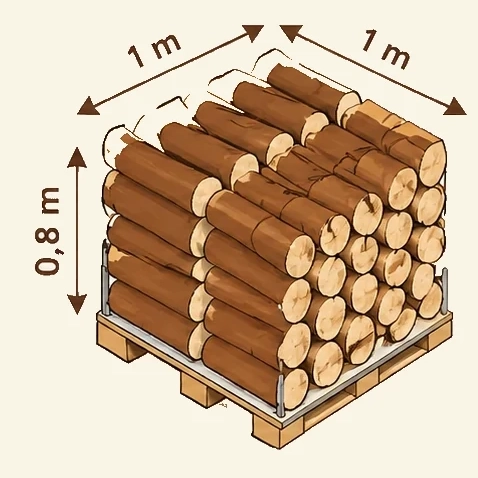 Stère de bûches de 50 cm empilées sur palette : 1 m × 1 m × 0,8 m, soit 0,8 m³