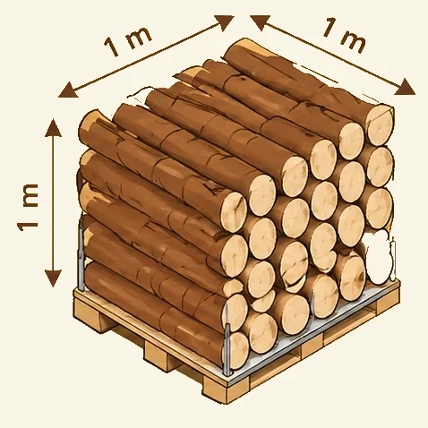 Stère de bûches d'1 m empilées sur palette : cube de 1 m × 1 m × 1 m, soit 1 m³